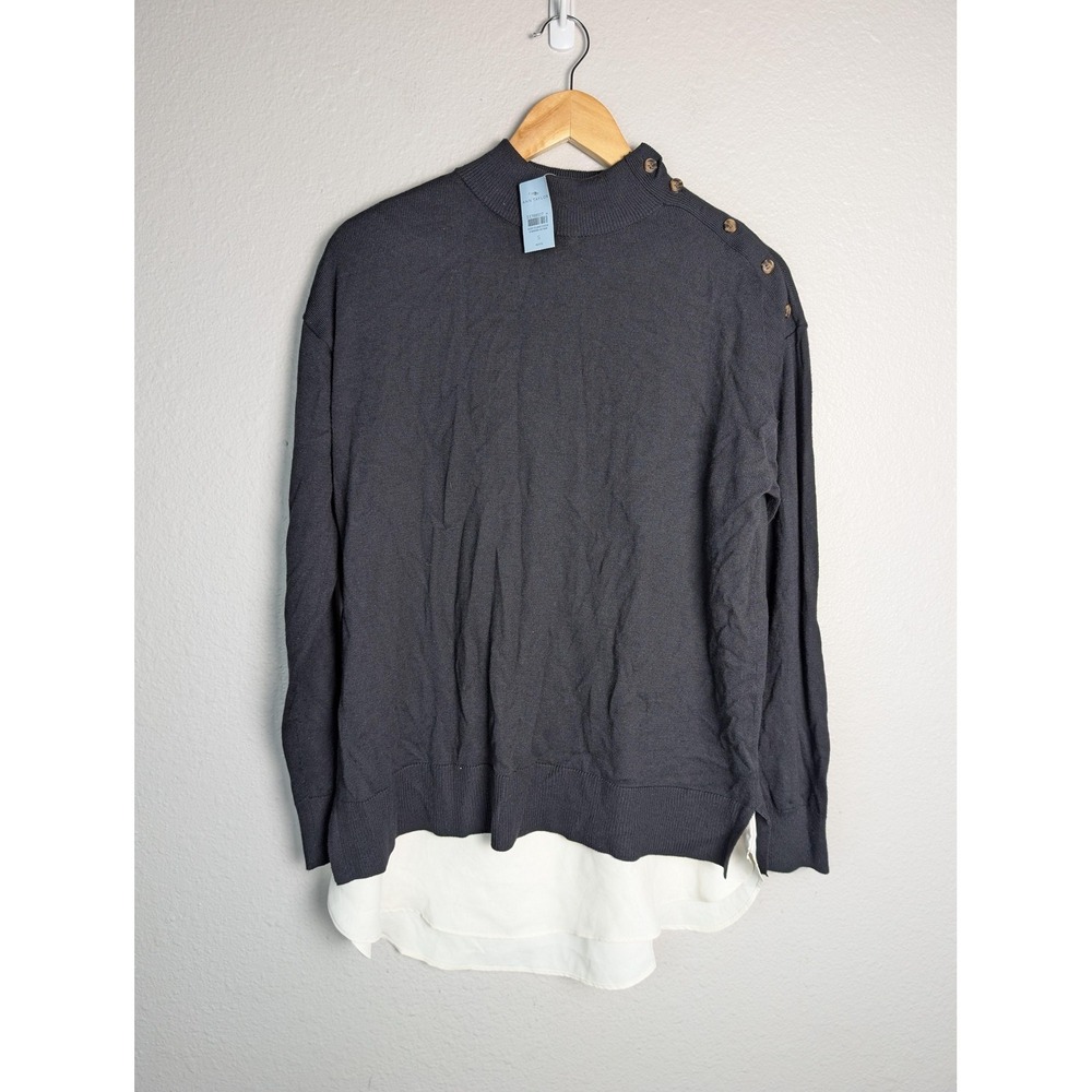 NWT Ann Taylor Sweater Pullover Womens PS Gray Mock Neck Button Shoulder Layered